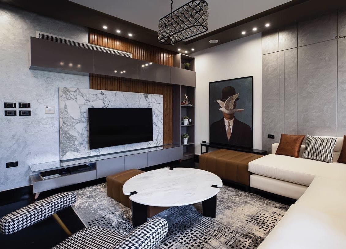 Palm Hills living room with marble media wall and fluted walnut
