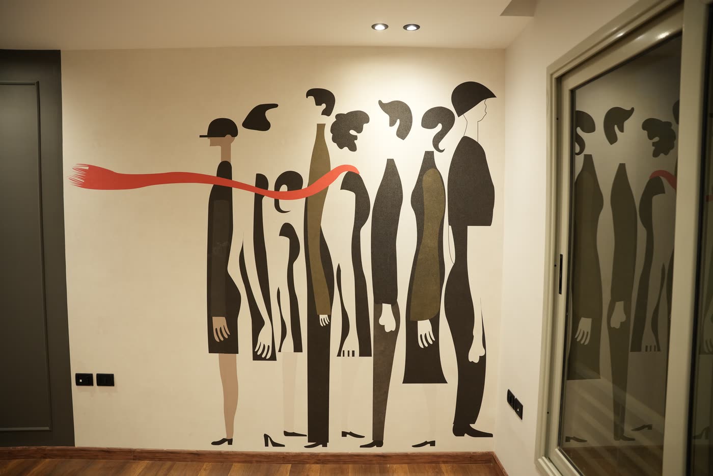 Palm Parks feature wall with hand-painted figures mural